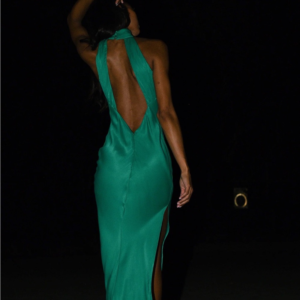 Meshki CLAIRE Satin Drape Back Maxi Dress with Split - Green